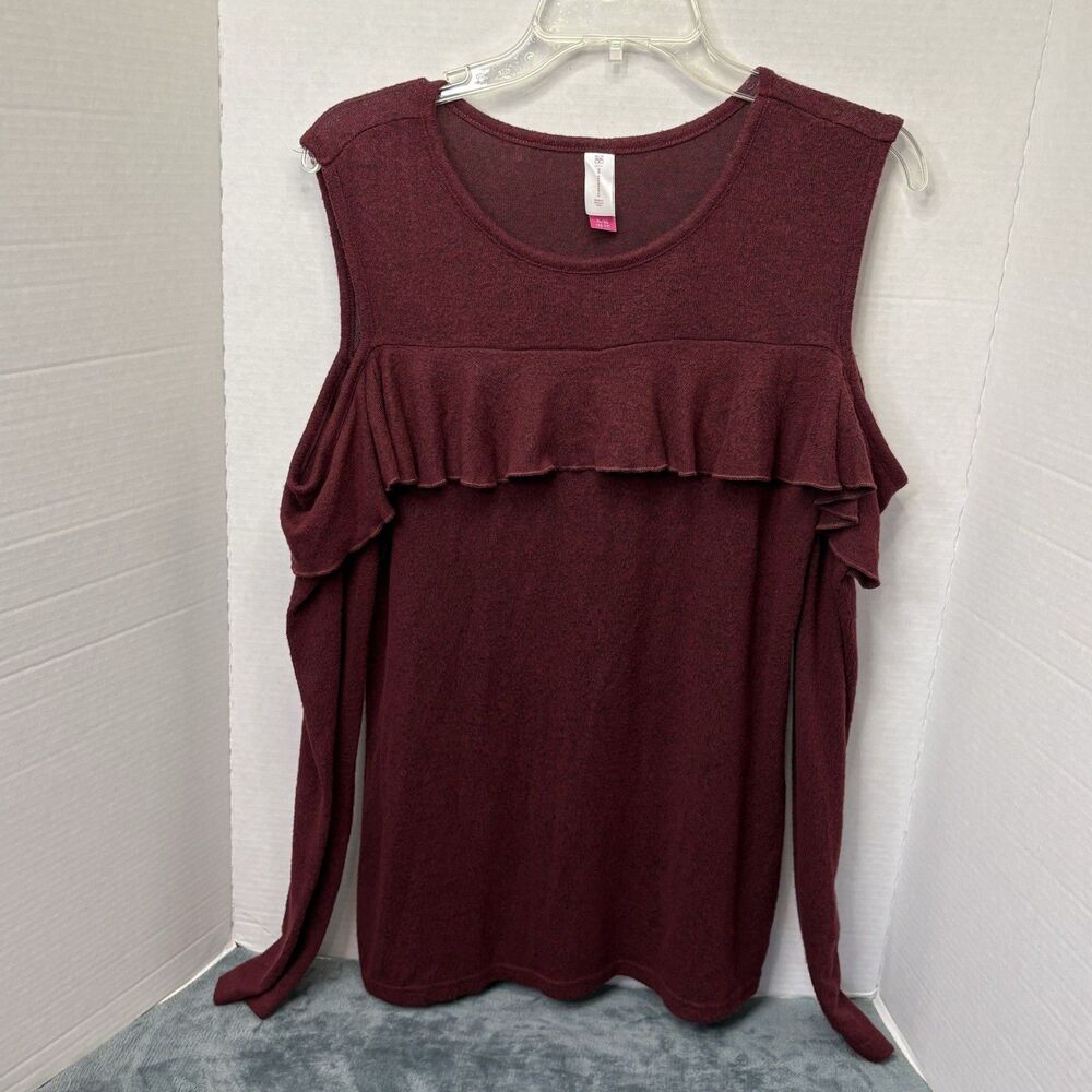 Junior’s Burgundy Cold Shoulder LS Knit Top Size 15/17 Y2K Boho Chic